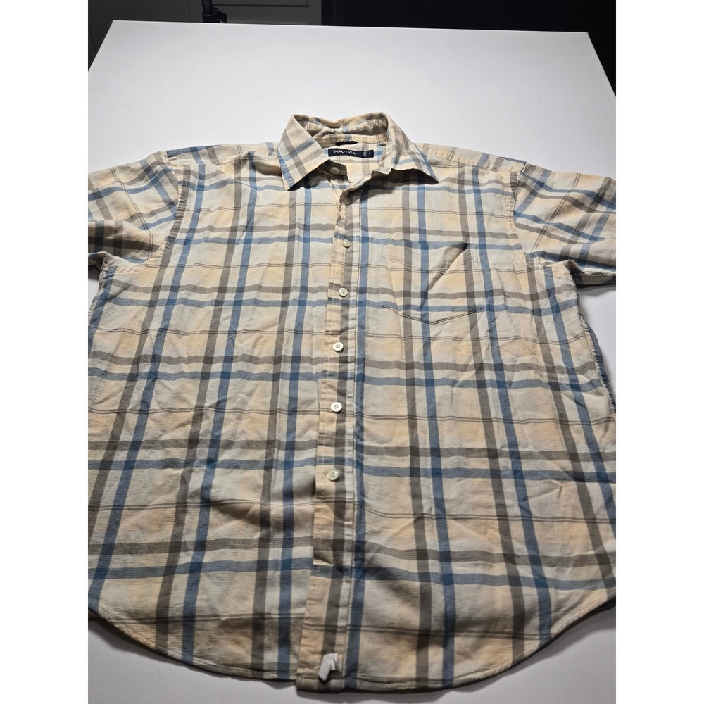 Nautica Plaid Button Down Shirt Mens Large Blue Tan Short Sleeve Excellent